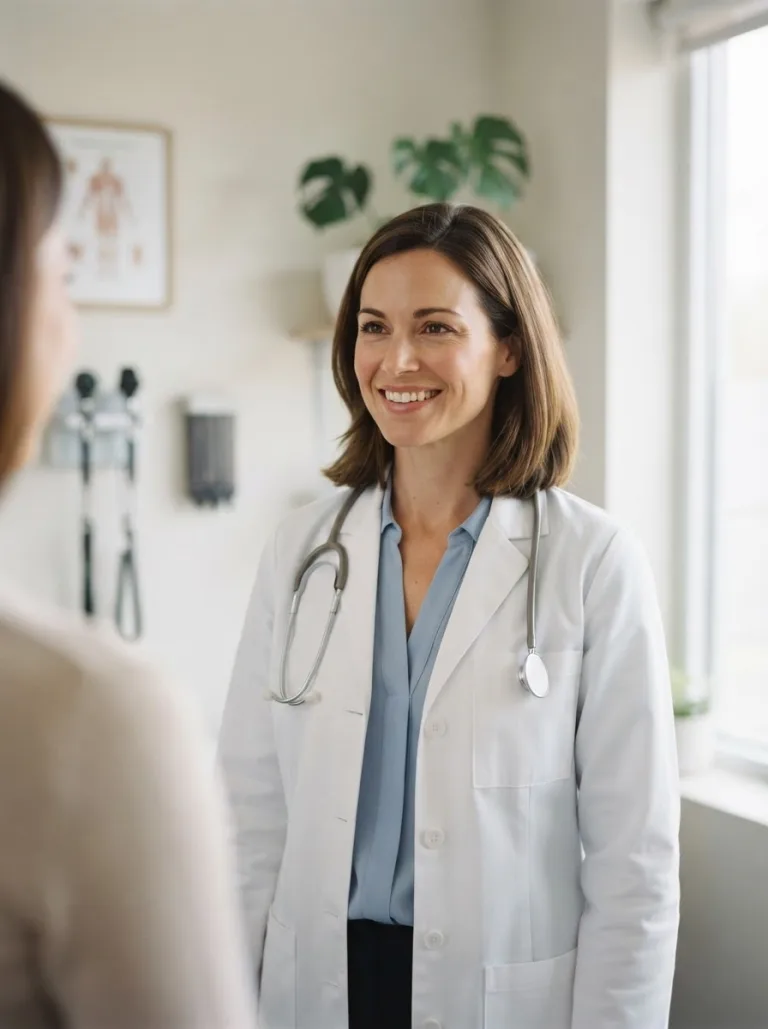 An attractive illustrative unnamed woman physician around 30 to 38 with a polished natural appearance faces the visitor with a relaxed welcoming posture while standing comfortably